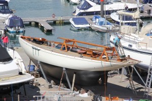 Saunterer readies for relaunching to test her new keel fastenings, to receive her masts and redraw her waterline